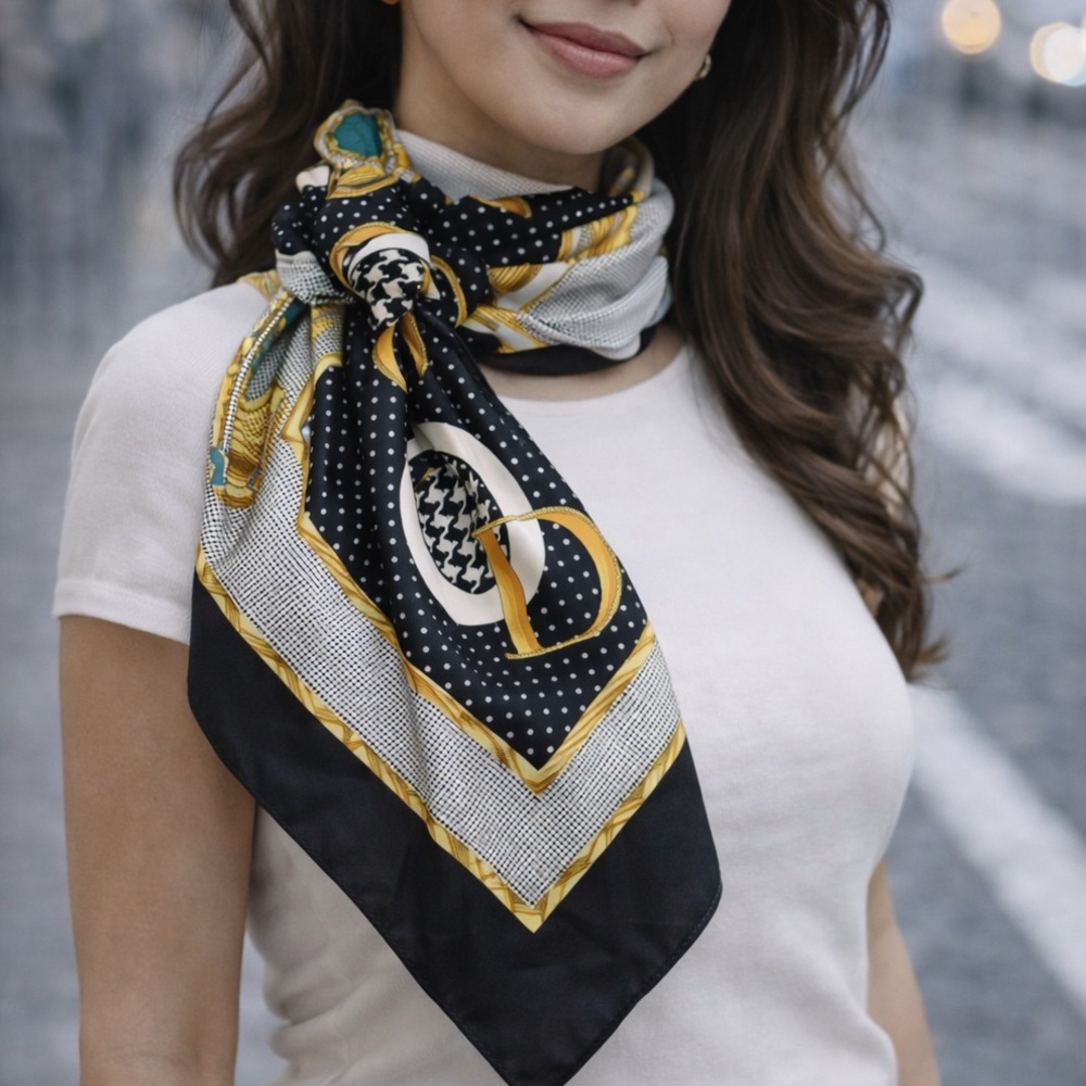 Christian Dior Black and Gold Geometric Silk Scarf Large